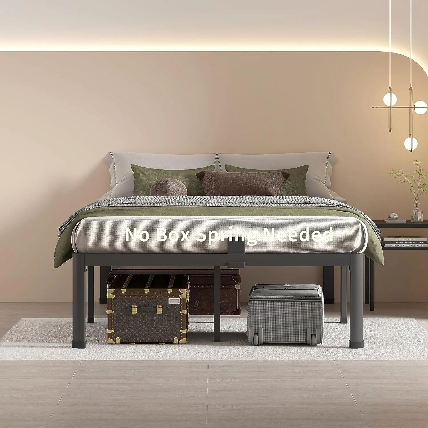 16 Inch Queen Bed Frames with Round Corner Legs Mattress Slide Stopper No Box Spring Needed Heavy Duty Metal Platform Bed Frame