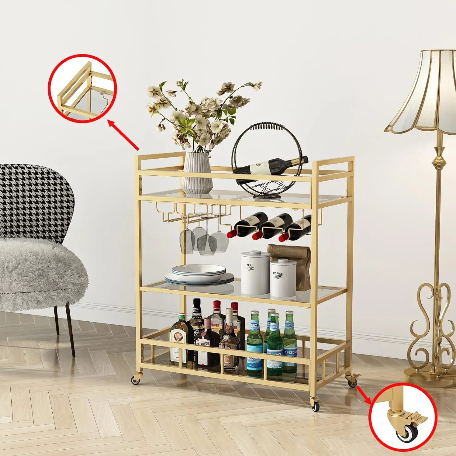 Bar Cart Gold with Bottle Storage and Wine Glass, Rolling Serving Bar Cart on Wheels Indoor & Outdoor, Patio, Gold Kitchen
