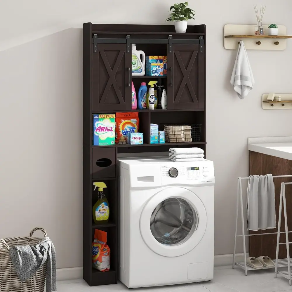 Farmhouse Over The Toilet Storage Cabinet with Sliding Doors & Toilet Paper Holder - Space-Saving Toilet Rack for Bathroom, Laun