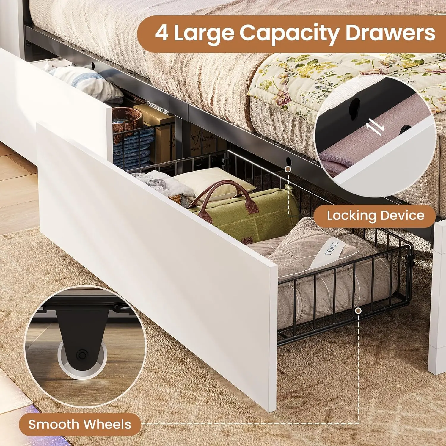 Farmhouse Bed Frame Full Size with Bookcase Storage Headboard, Charging Station and LED Lights, Wooden Full Bed Frame