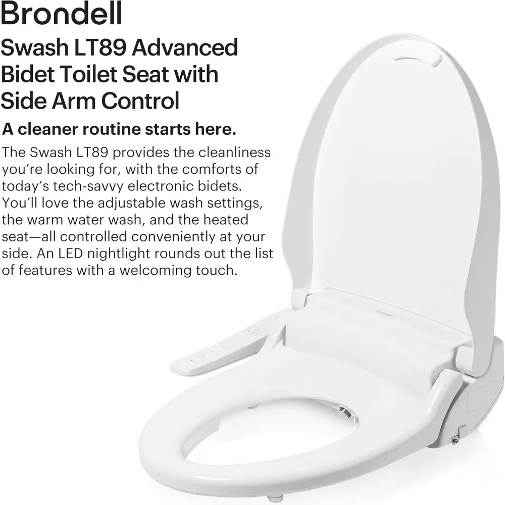 LT89 Electric Bidet Toilet Seat, Fits Elongated Toilets, White – Side Arm Control, Warm Water Wash, Strong Wash Mode, Stainless