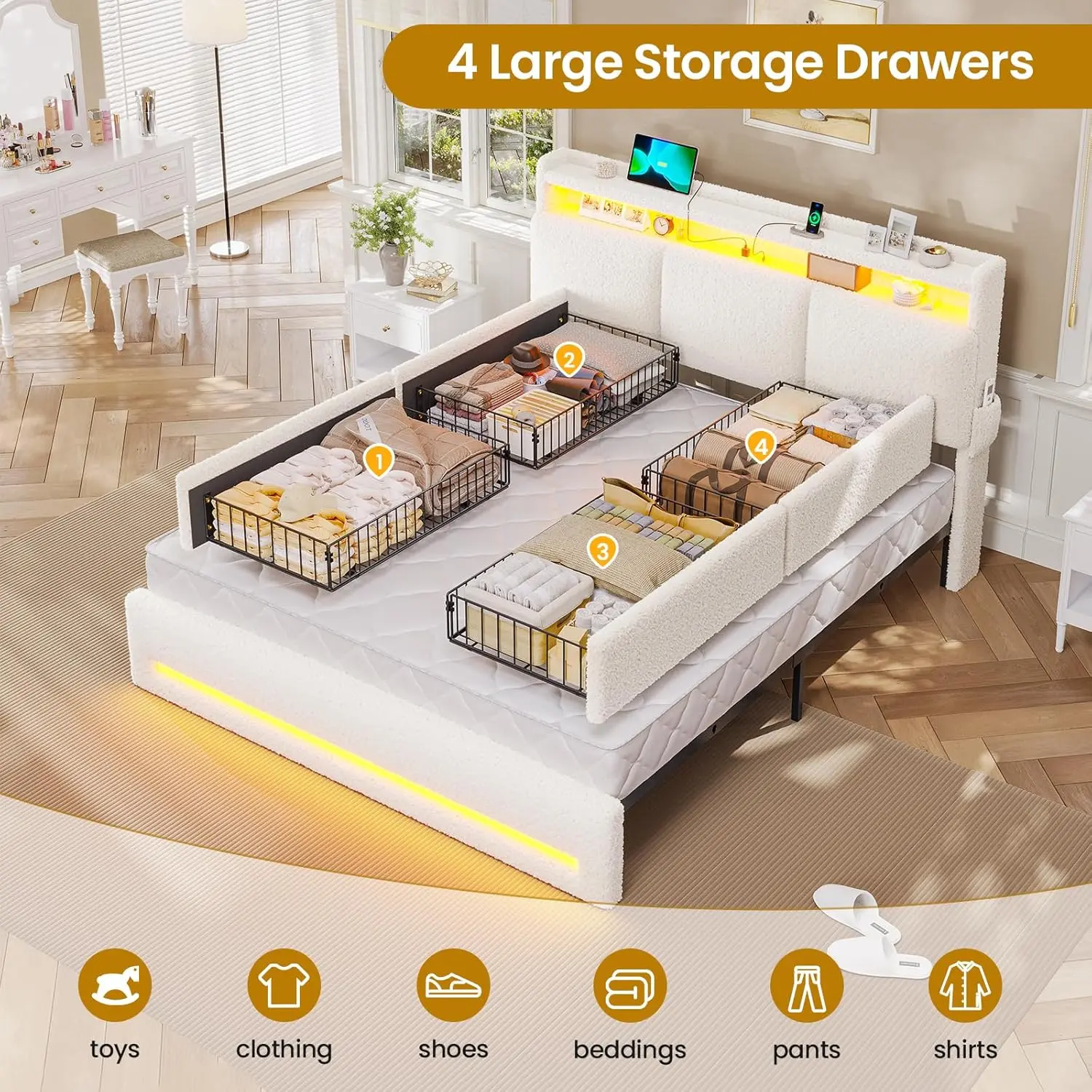 Full Size Bed Frame with Storage Headboard and Charging Station, Boucle Upholstered Bed Frame Full Size with 4 Drawers