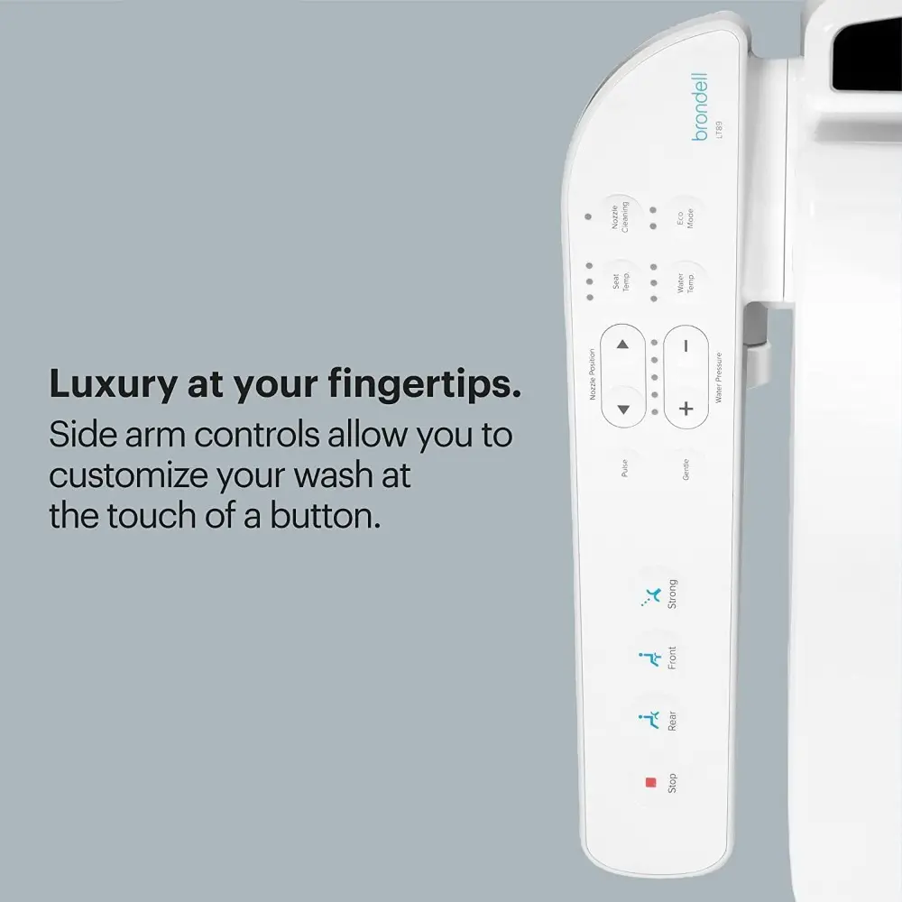 LT89 Electric Bidet Toilet Seat, Fits Elongated Toilets, White – Side Arm Control, Warm Water Wash, Strong Wash Mode, Stainless