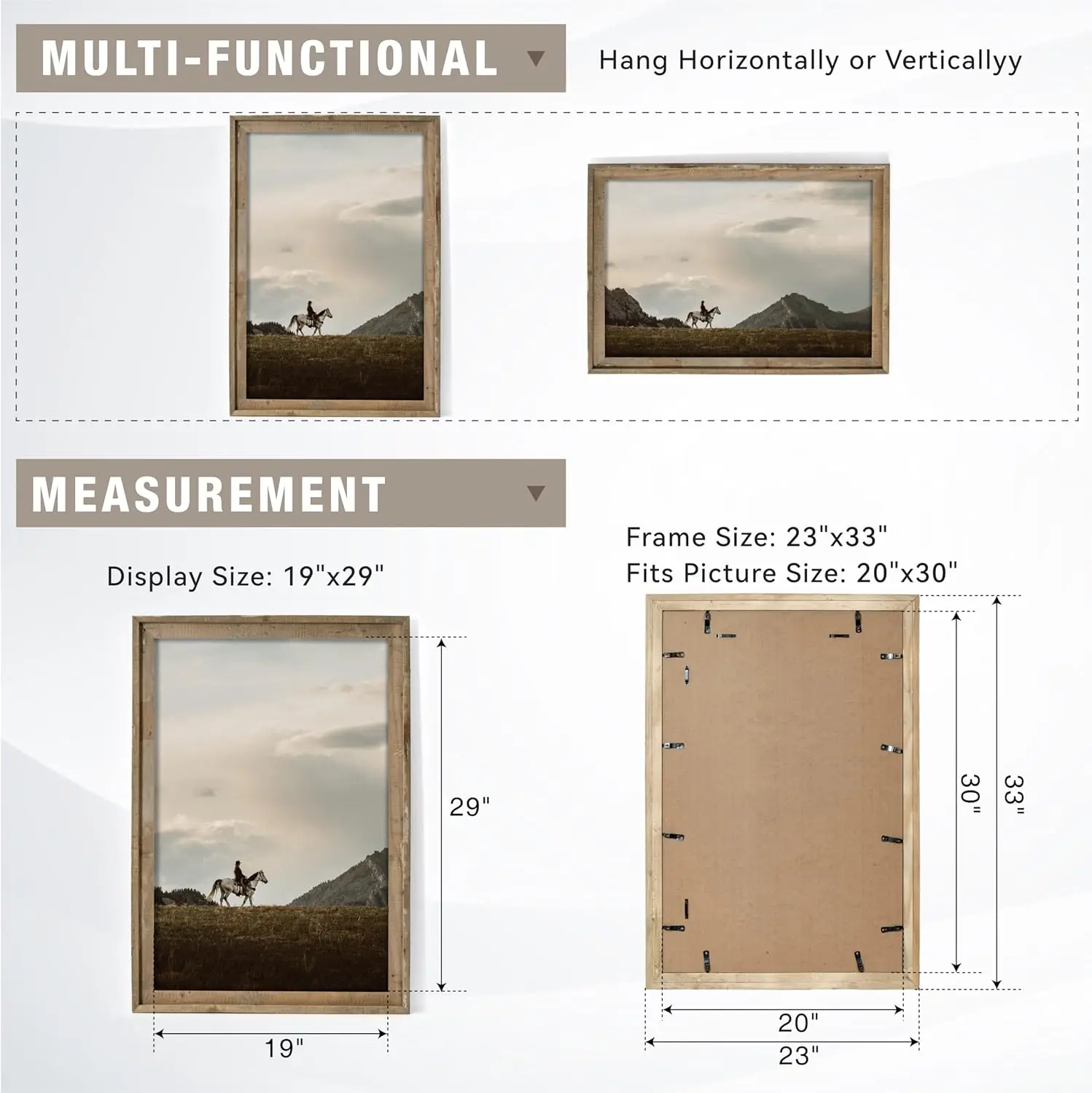 Rustic 20x30 Picture Frame, Reclaimed Barnwood Photo Frame with Tempered Glass, Distressed Family Gallery Corner, Horizontal and