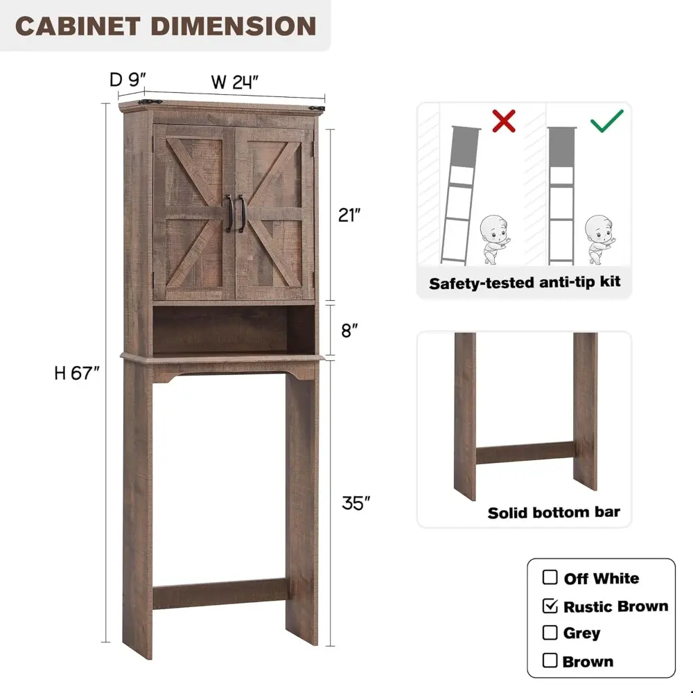 Over The Toilet Storage Cabinet, Farmhouse Bathroom Cabinet with Adjustable Shelf & Barn Door, 67" Tall Over The Toilet Shelf, R