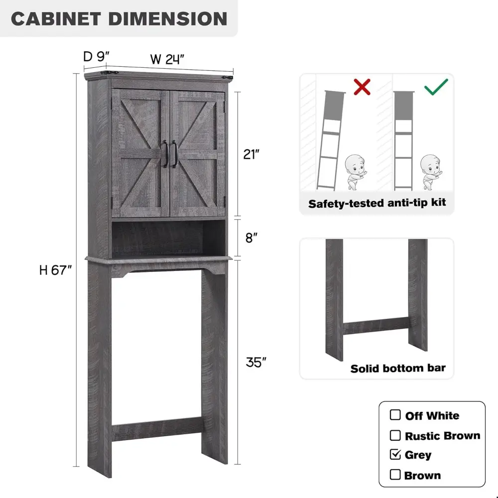 Over The Toilet Storage Cabinet, Farmhouse Bathroom Cabinet with Adjustable Shelf & Barn Door, 67" Tall Over The Toilet Shelf, G