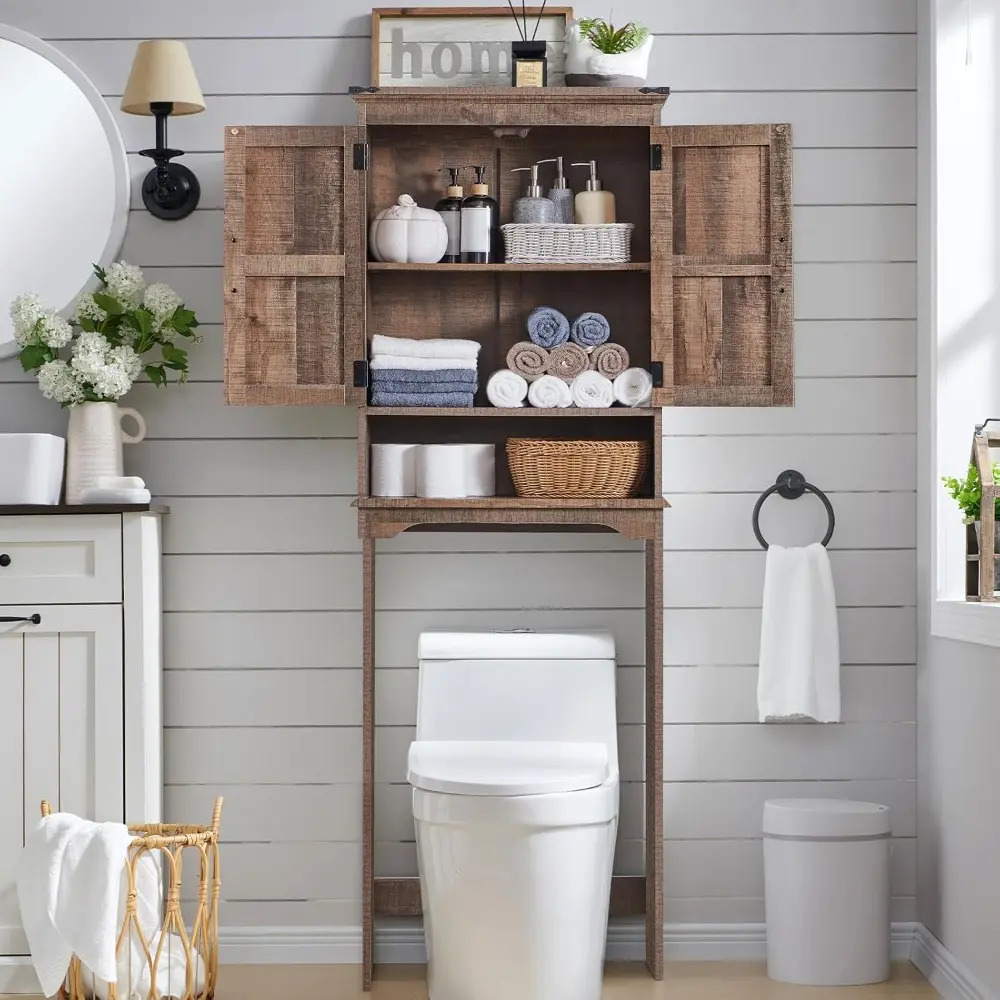 Over The Toilet Storage Cabinet, Farmhouse Bathroom Cabinet with Adjustable Shelf & Barn Door, 67" Tall Over The Toilet Shelf, R