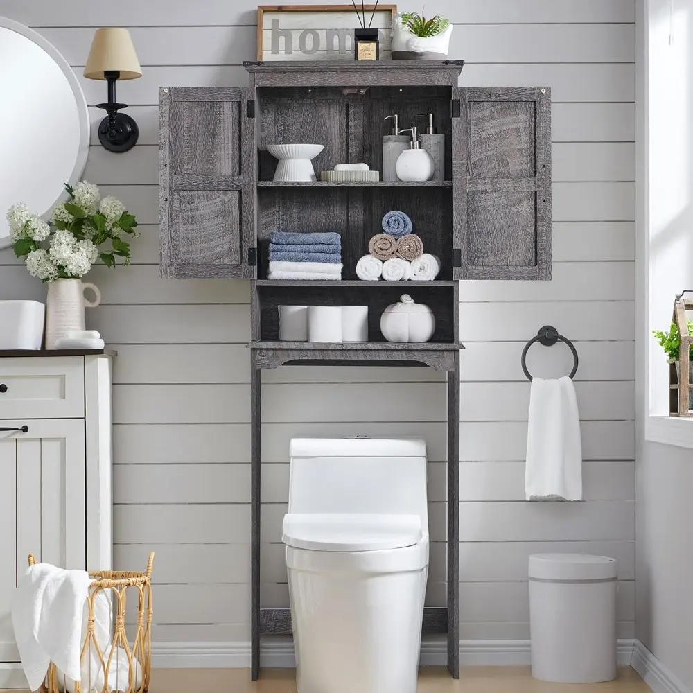 Over The Toilet Storage Cabinet, Farmhouse Bathroom Cabinet with Adjustable Shelf & Barn Door, 67" Tall Over The Toilet Shelf, G