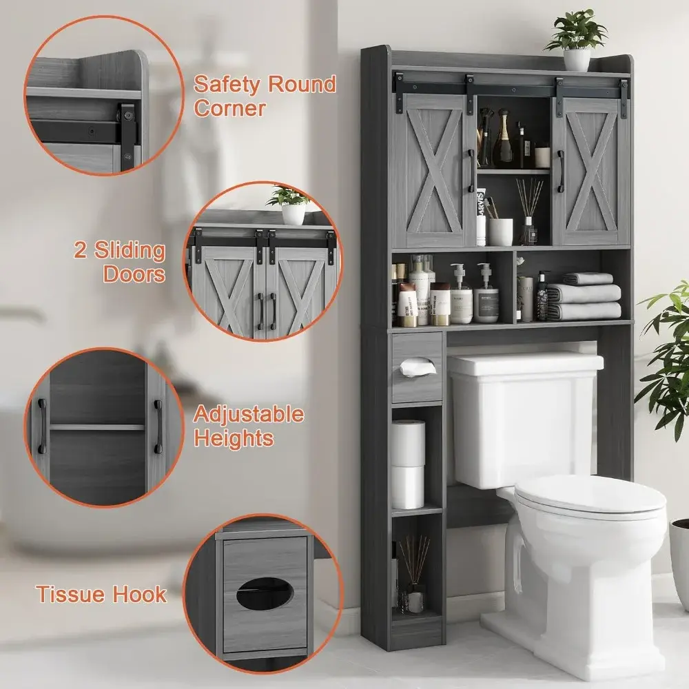 Farmhouse Over The Toilet Storage Cabinet with Sliding Door & Toilet Paper Holder Stand, Space-Saving for Bathroom & Restroom, W
