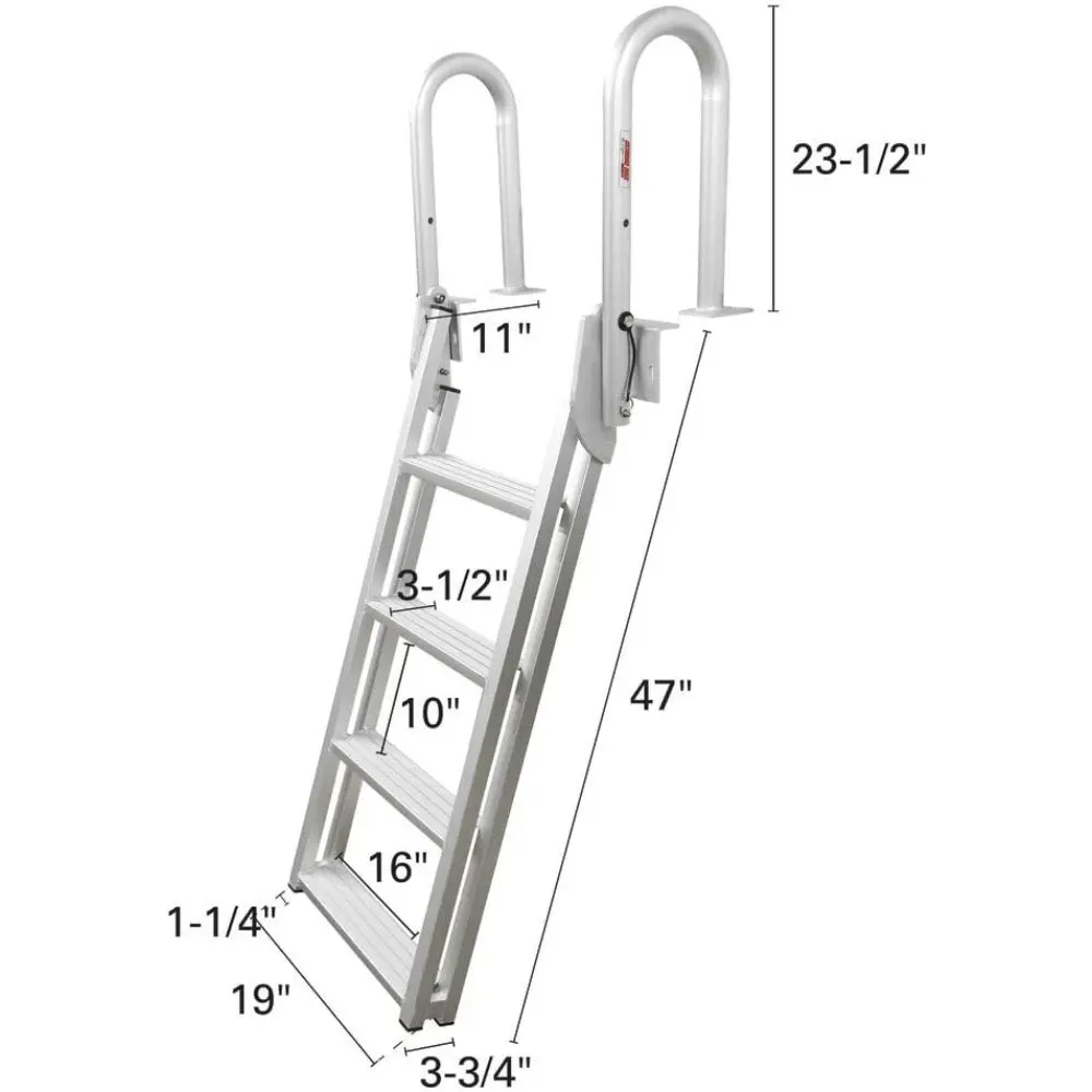 3005.4227 Heavy-Duty Aluminum Slanted Flip-Up Dock Ladder with Comfort Use Round Tube Frame - 4-Step, 300 lbs. Weight Capacity