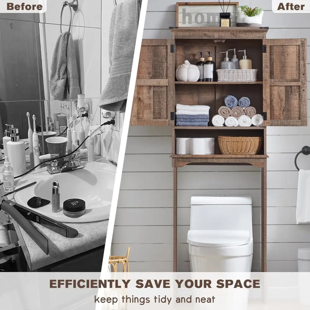 Over The Toilet Storage Cabinet, Farmhouse Bathroom Cabinet with Adjustable Shelf & Barn Door, 67" Tall Over The Toilet Shelf, R