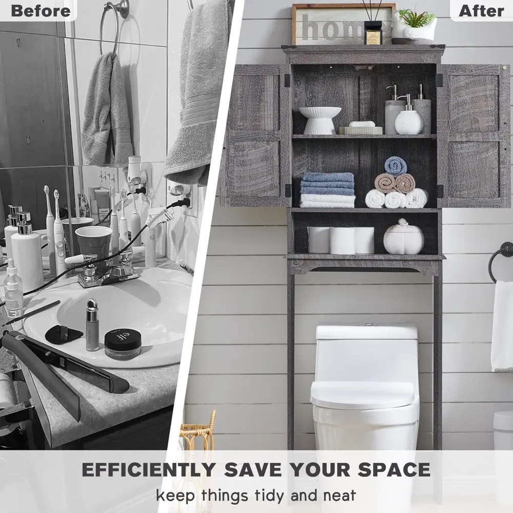 Over The Toilet Storage Cabinet, Farmhouse Bathroom Cabinet with Adjustable Shelf & Barn Door, 67" Tall Over The Toilet Shelf, G
