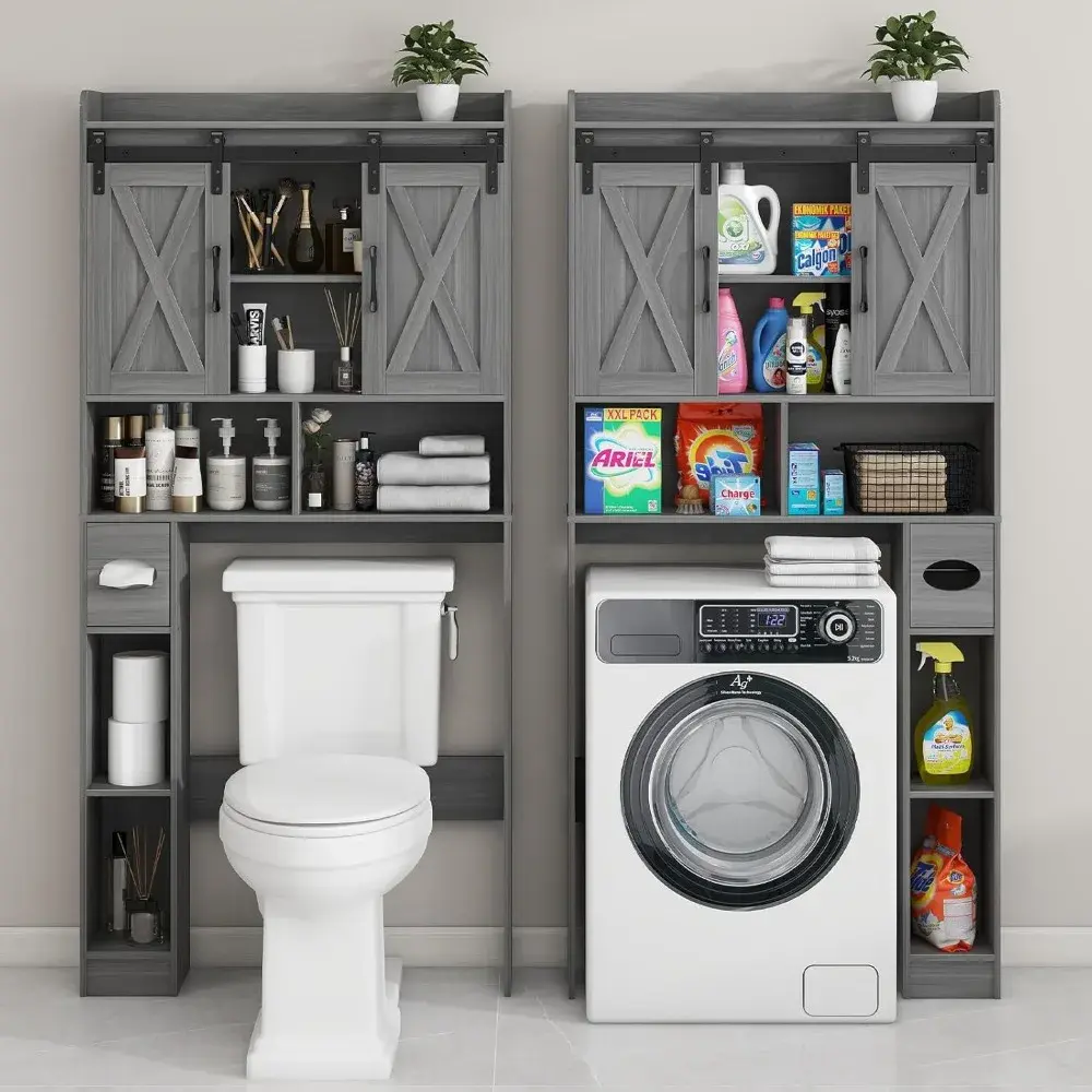 Farmhouse Over The Toilet Storage Cabinet with Sliding Door & Toilet Paper Holder Stand, Space-Saving for Bathroom & Restroom, W