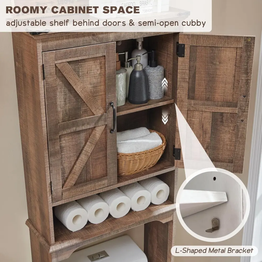 Over The Toilet Storage Cabinet, Farmhouse Bathroom Cabinet with Adjustable Shelf & Barn Door, 67" Tall Over The Toilet Shelf, R