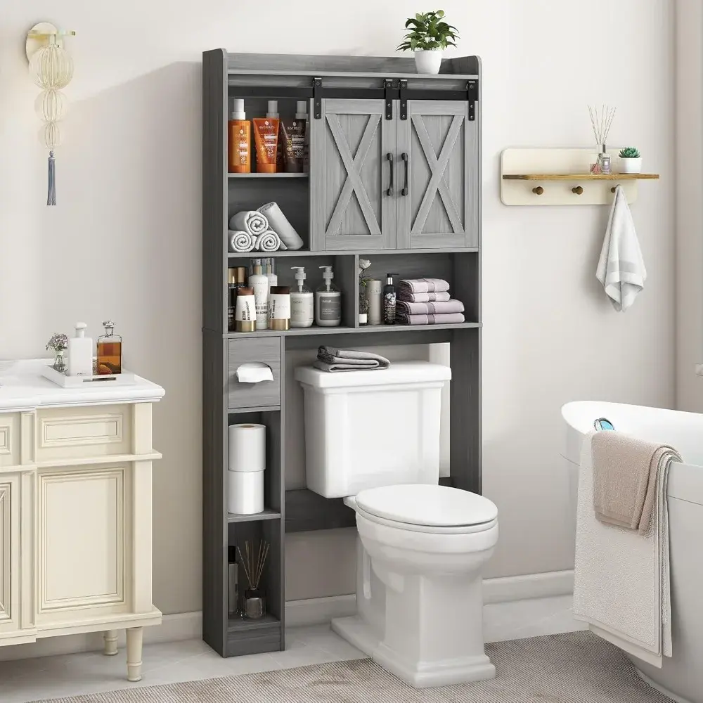 Farmhouse Over The Toilet Storage Cabinet with Sliding Door & Toilet Paper Holder Stand, Space-Saving for Bathroom & Restroom, W