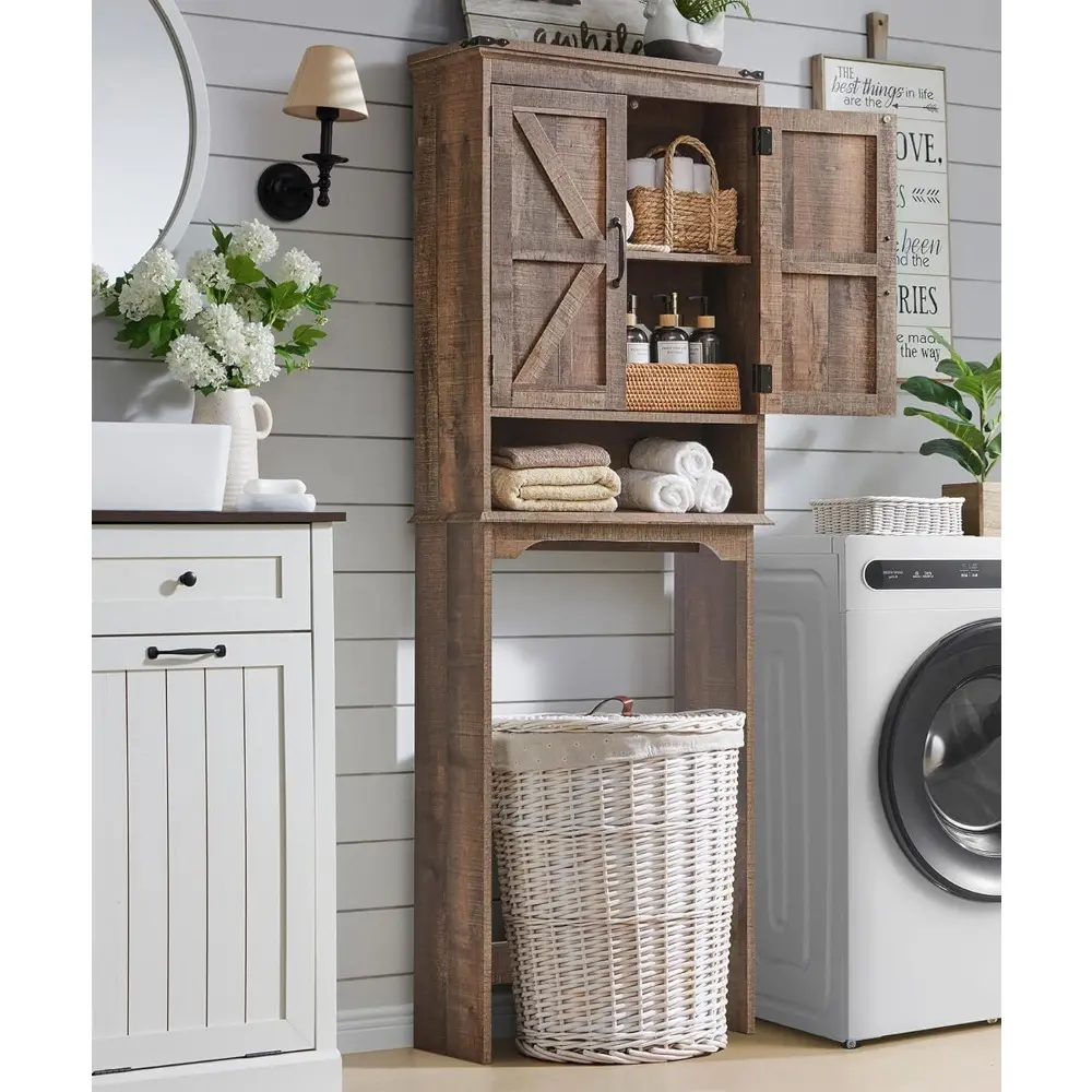 Over The Toilet Storage Cabinet, Farmhouse Bathroom Cabinet with Adjustable Shelf & Barn Door, 67" Tall Over The Toilet Shelf, R