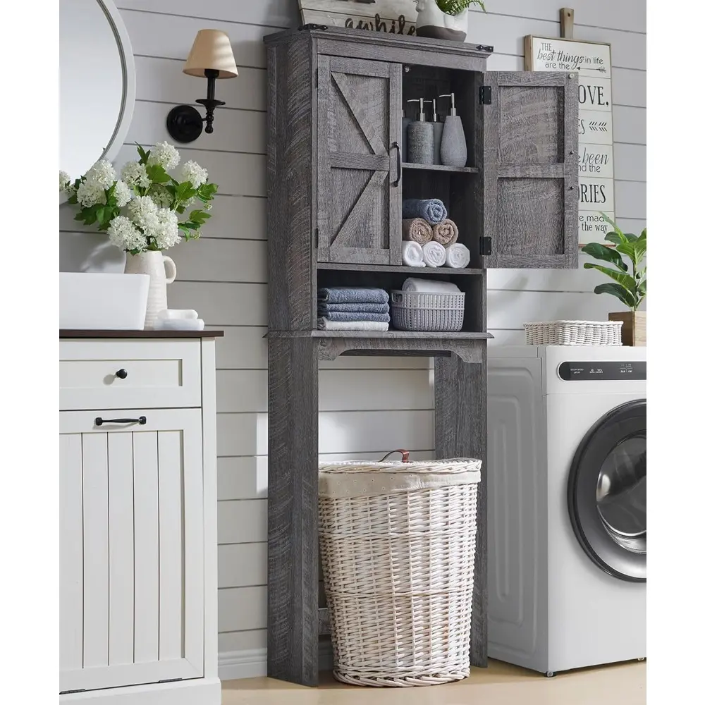 Over The Toilet Storage Cabinet, Farmhouse Bathroom Cabinet with Adjustable Shelf & Barn Door, 67" Tall Over The Toilet Shelf, G