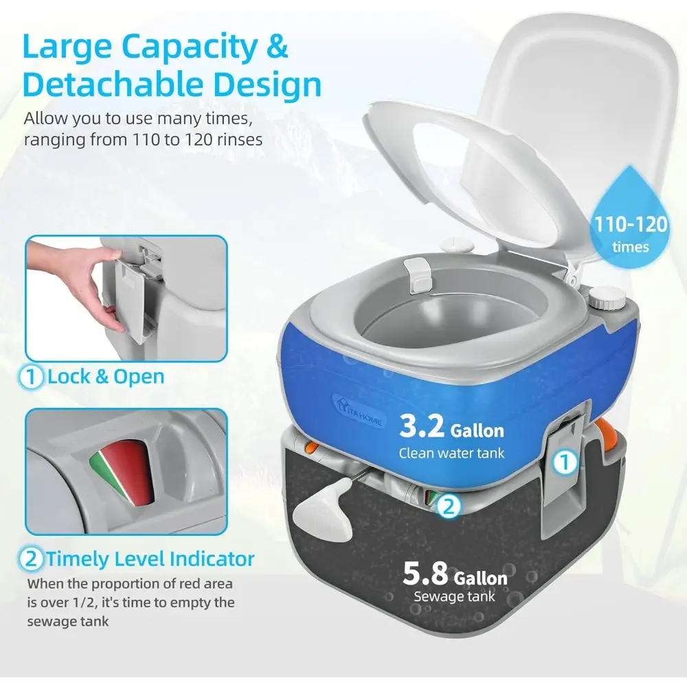 Portable Toilet Camping Porta Potty 5.8 Gallon with Carry Bag and Hand Sprayer, Leak-Proof Indoor Outdoor Toilet with Level Ind