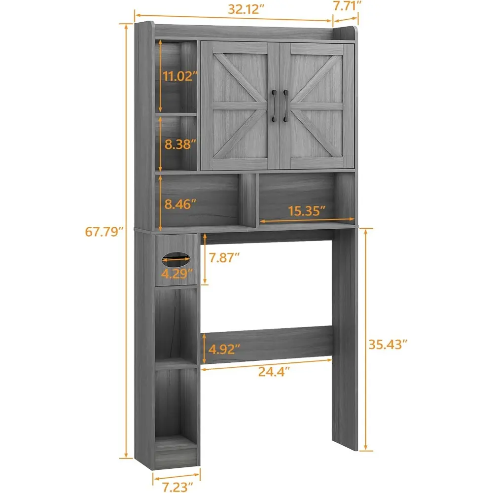 Over The Toilet Storage Cabinet, Farmhouse Style with 2 Barn Doors, Toilet Paper Holder, Space-Saving for Bathroom & Laundry, G