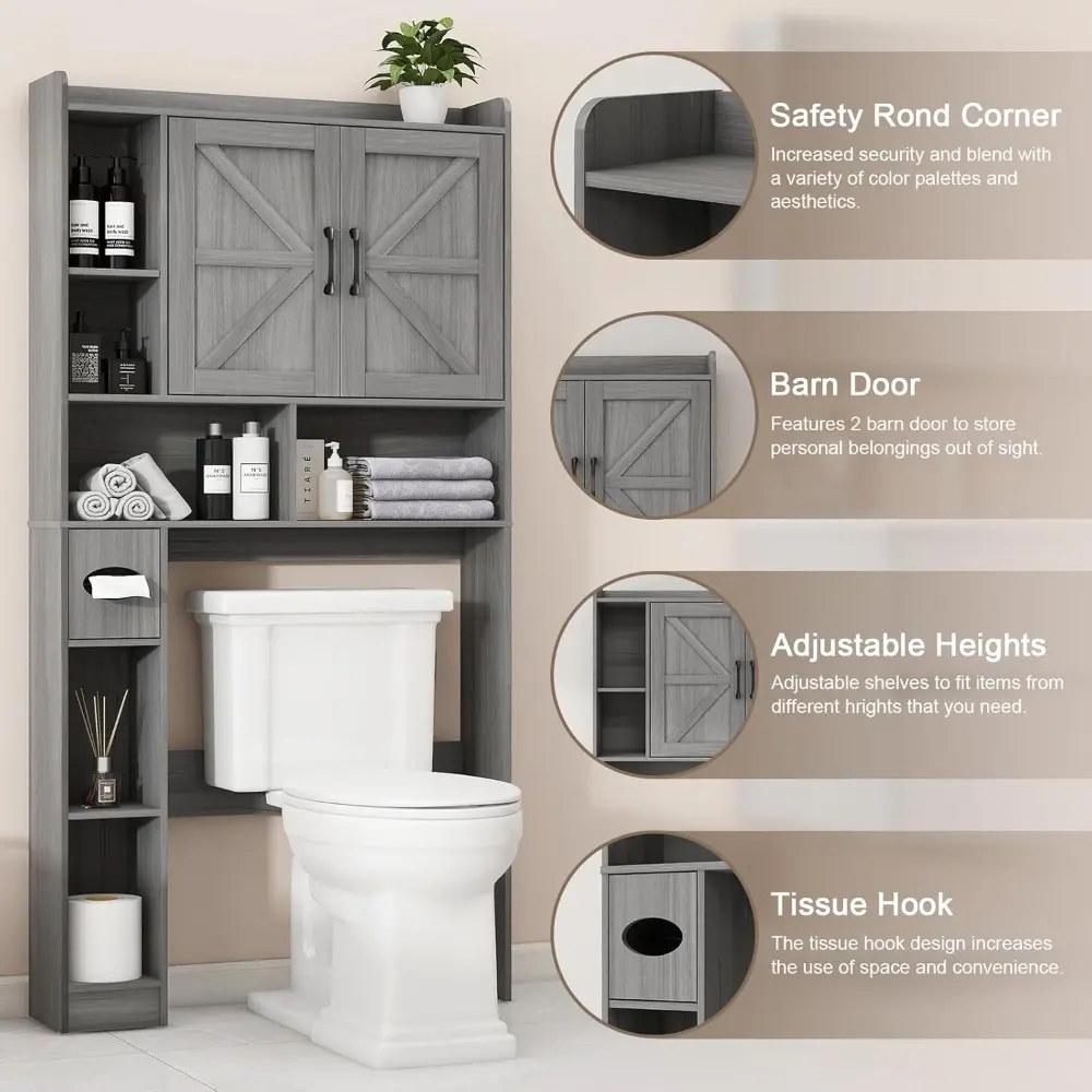 Over The Toilet Storage Cabinet, Farmhouse Style with 2 Barn Doors, Toilet Paper Holder, Space-Saving for Bathroom & Laundry, G