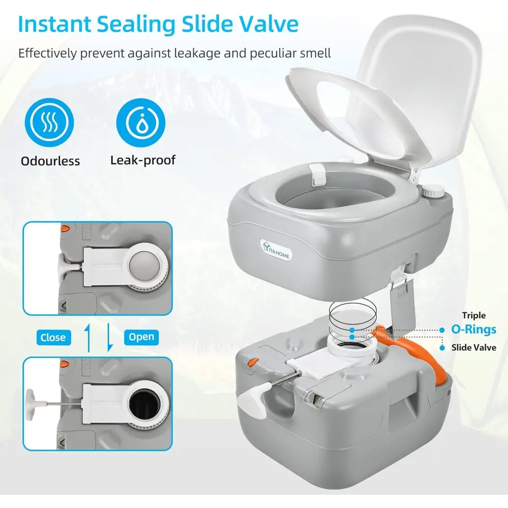 Portable Toilet Camping Porta Potty 5.8 Gallon with Carry Bag and Hand Sprayer, Leak-Proof Indoor Outdoor Toilet with Level Ind