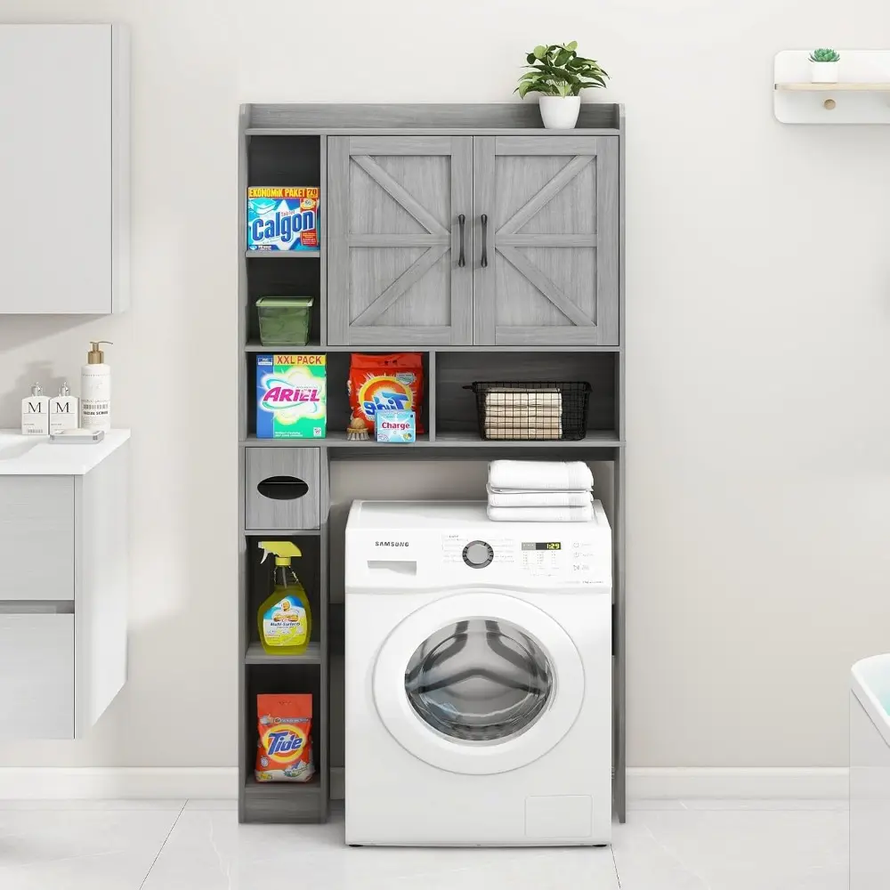 Over The Toilet Storage Cabinet, Farmhouse Style with 2 Barn Doors, Toilet Paper Holder, Space-Saving for Bathroom & Laundry, G