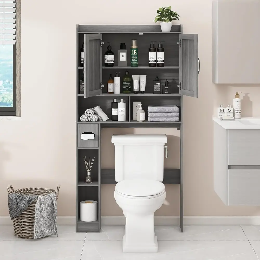 Over The Toilet Storage Cabinet, Farmhouse Style with 2 Barn Doors, Toilet Paper Holder, Space-Saving for Bathroom & Laundry, G