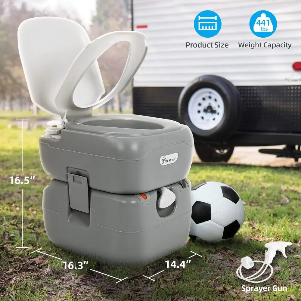Portable Toilet Camping Porta Potty 5.8 Gallon with Carry Bag and Hand Sprayer, Leak-Proof Indoor Outdoor Toilet with Level Ind