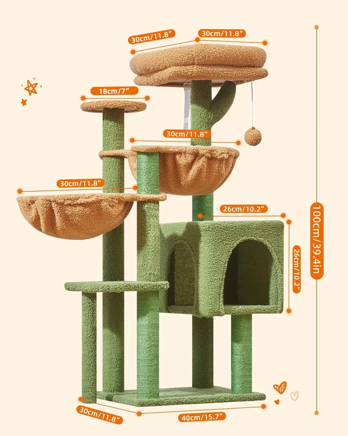 Cat Tree, 39.4-Inch Cat Tower for Indoor Cats,Suitable for Kittens,Plush Cat Condo with 5 Scratching Posts, Plush Perch,