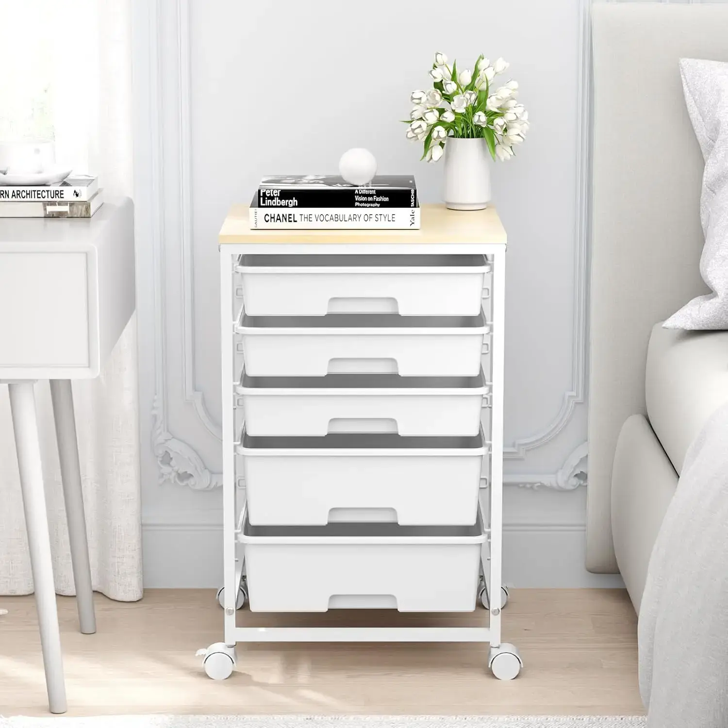 Utility Cart with 5 Drawers,Storage Drawer Cart with Wooden Tabletop and Lockable Wheels,Craft Storage Trolley Cart,