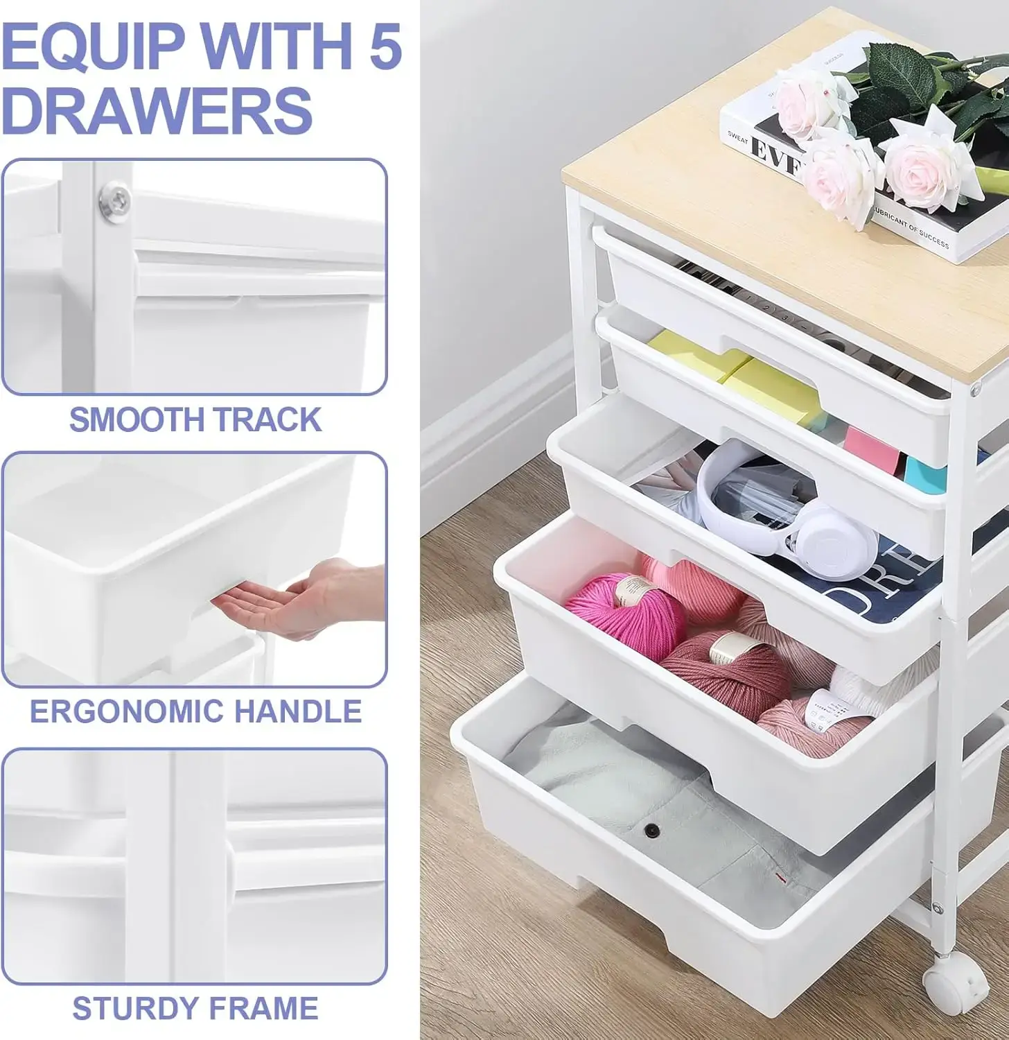 Utility Cart with 5 Drawers,Storage Drawer Cart with Wooden Tabletop and Lockable Wheels,Craft Storage Trolley Cart,