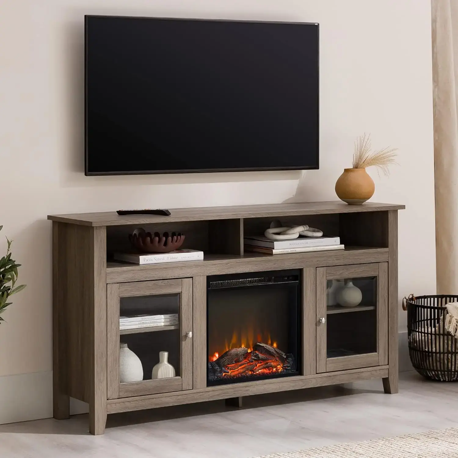 Glenwood Rustic Farmhouse Glass Door Highboy Fireplace TV Stand for TVs up to 65 Inches, 58 Inch