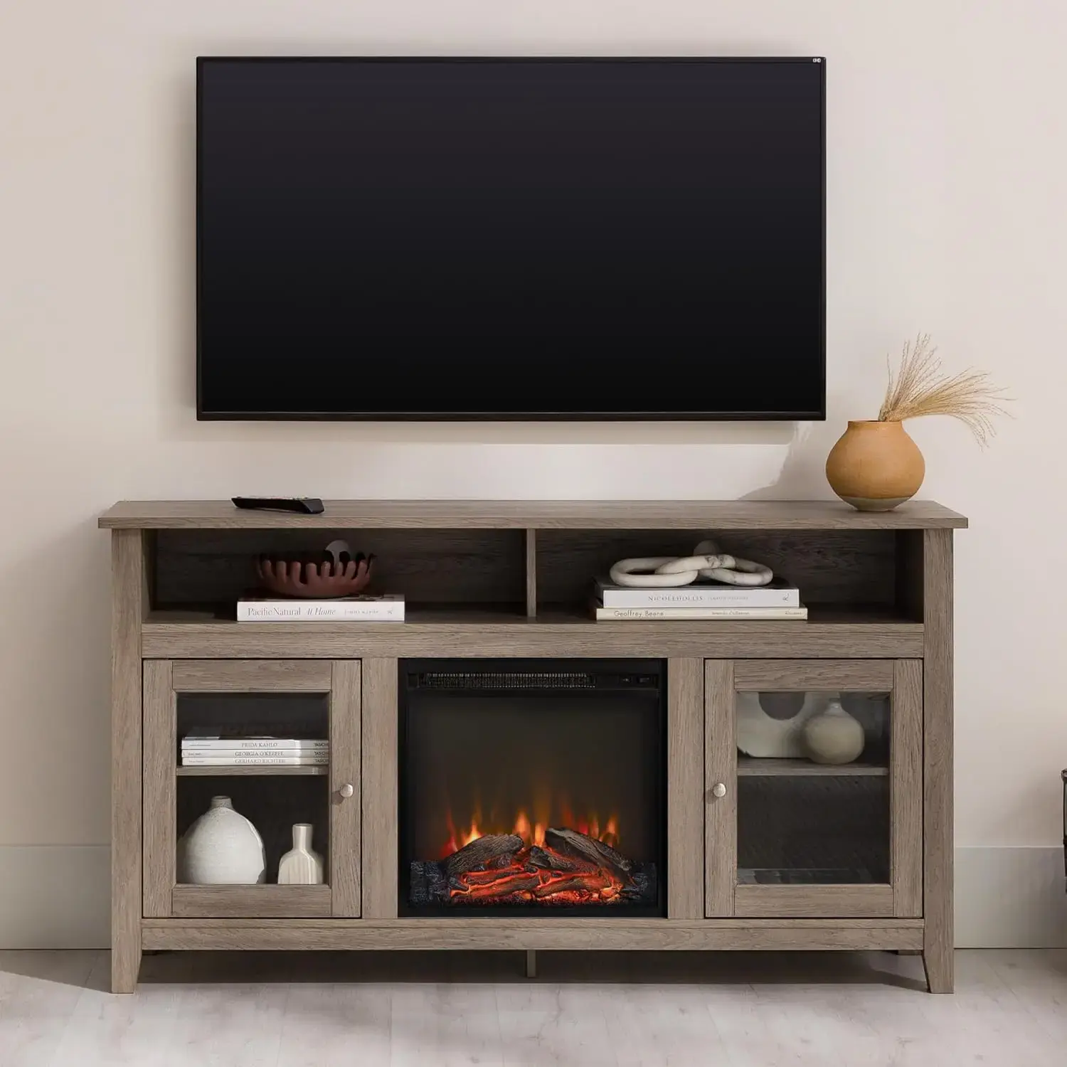 Glenwood Rustic Farmhouse Glass Door Highboy Fireplace TV Stand for TVs up to 65 Inches, 58 Inch