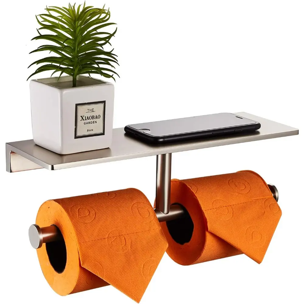 Double Roll Toilet Paper Holder with Shelf Solid Brass and Superior Hotel Style Tissue Dispenser Spared Storage Polished Nick Fi