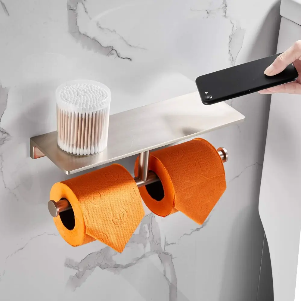 Double Roll Toilet Paper Holder with Shelf Solid Brass and Superior Hotel Style Tissue Dispenser Spared Storage Polished Nick Fi