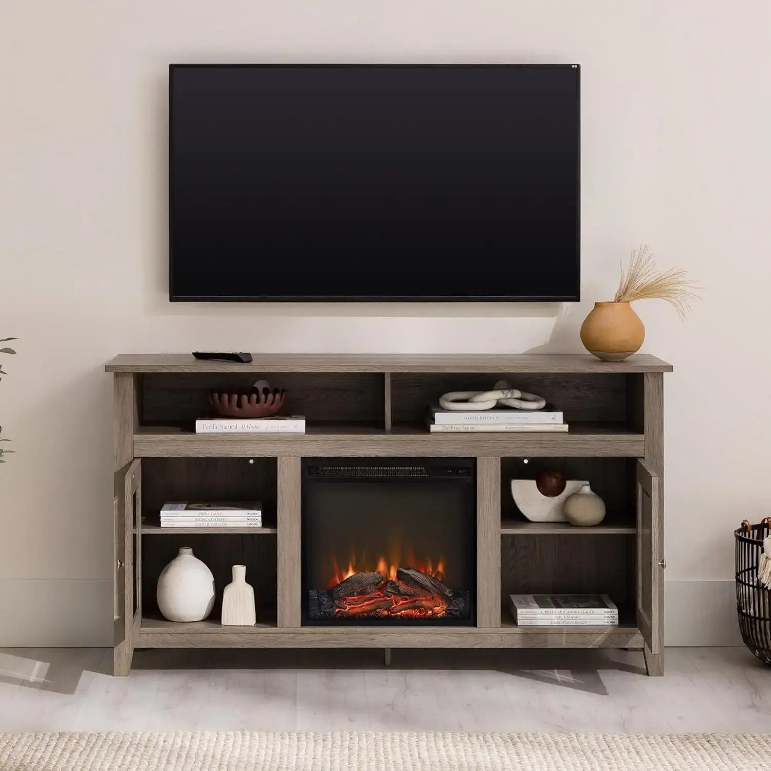 Glenwood Rustic Farmhouse Glass Door Highboy Fireplace TV Stand for TVs up to 65 Inches, 58 Inch