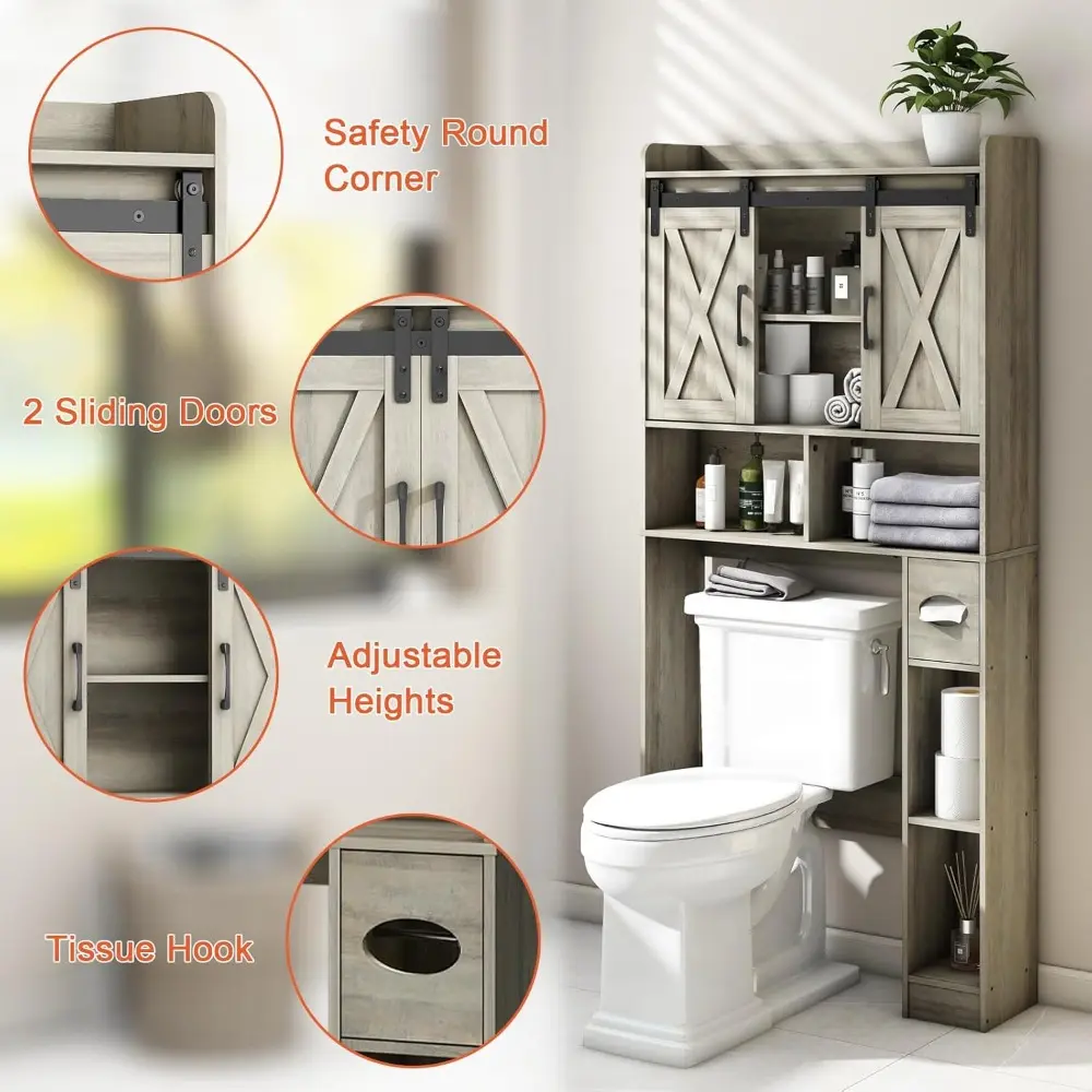 Over The Toilet Storage Cabinet, Farmhouse Storage Cabinet Over Toilet with Sliding Door& Toilet Paper Holder Stand，Home Space-S