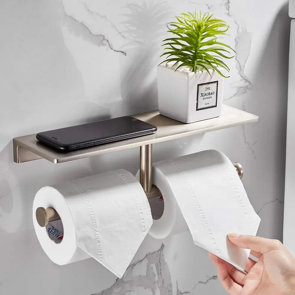 Double Roll Toilet Paper Holder with Shelf Solid Brass and Superior Hotel Style Tissue Dispenser Spared Storage Polished Nick Fi