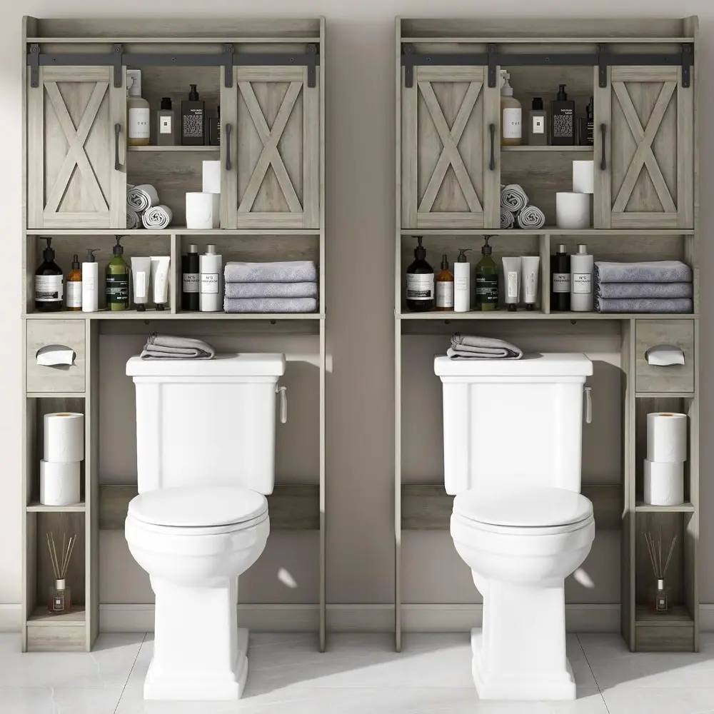 Over The Toilet Storage Cabinet, Farmhouse Storage Cabinet Over Toilet with Sliding Door& Toilet Paper Holder Stand，Home Space-S