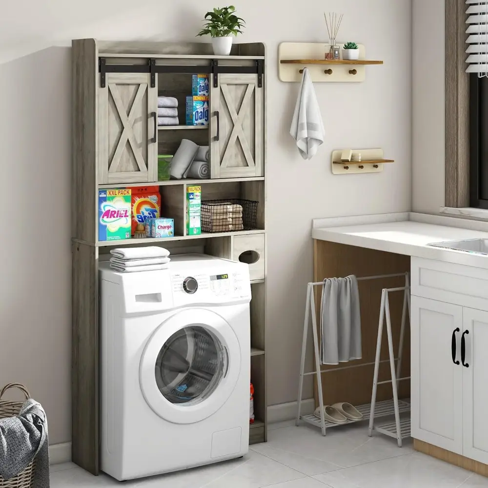 Over The Toilet Storage Cabinet, Farmhouse Storage Cabinet Over Toilet with Sliding Door& Toilet Paper Holder Stand，Home Space-S