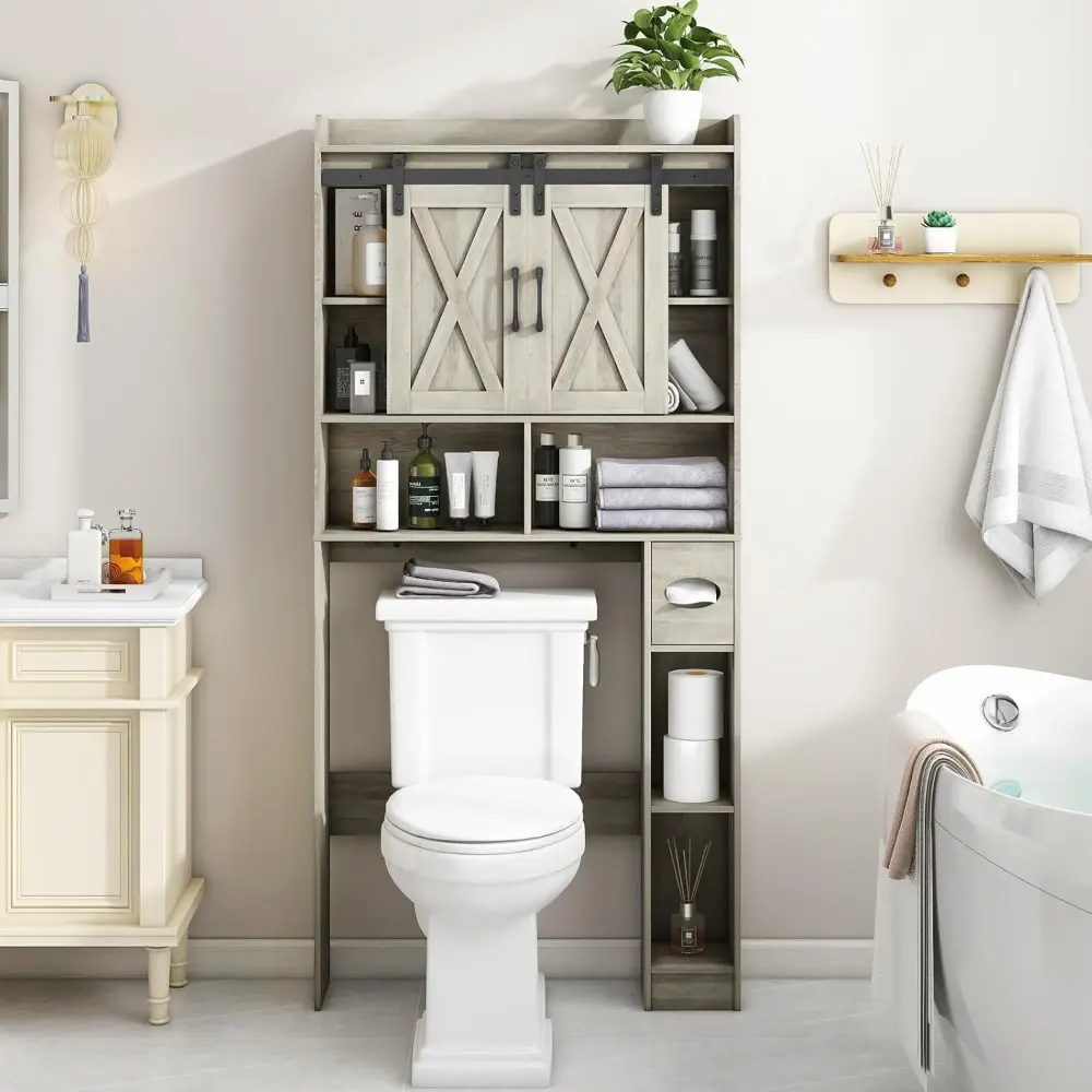 Over The Toilet Storage Cabinet, Farmhouse Storage Cabinet Over Toilet with Sliding Door& Toilet Paper Holder Stand，Home Space-S