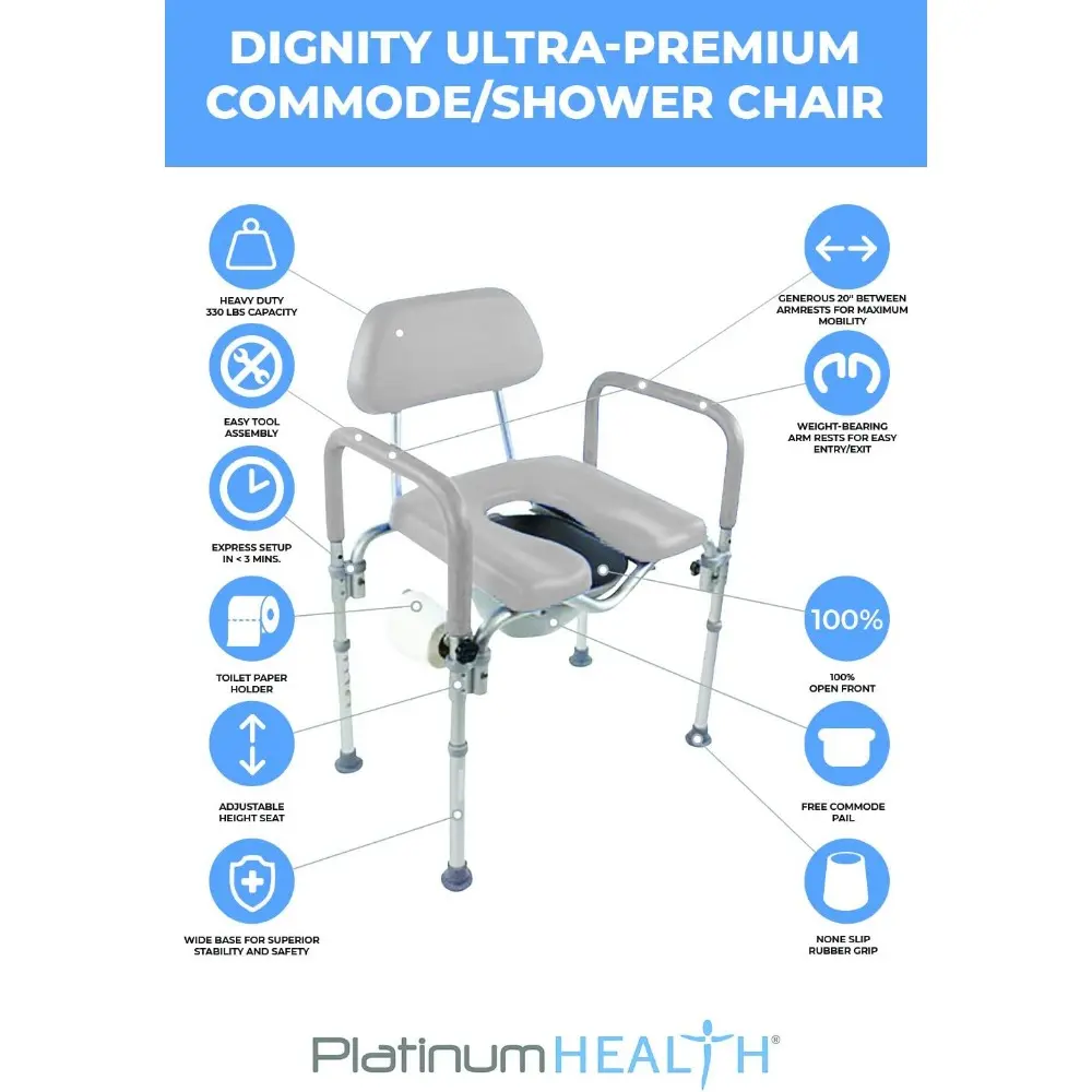 Dignity Ultra-Premium Padded Commode Shower Chair, Comfortable Raised Toilet Seat with Padded Arm Handles and Backrest, for Seni
