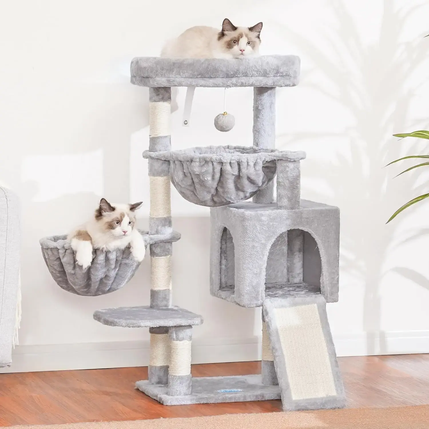 Cat Tree, Cat Tower for Indoor Cats, Cat House with Large Padded Bed, Cozy Condo, Hammocks, Sisal Scratching Posts,