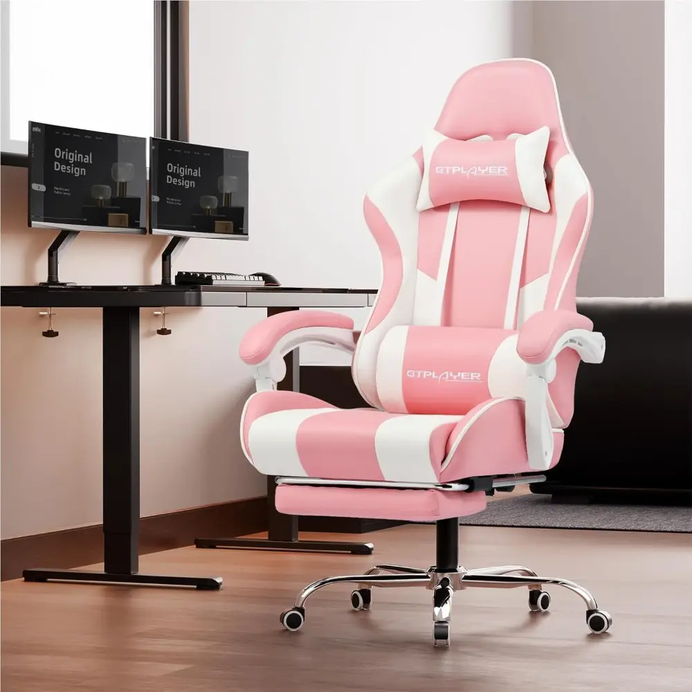 Gaming Chair, Computer Chair with Footrest and Lumbar Support, Height Adjustable Game Chair with 360°-Swivel Seat and Headrest