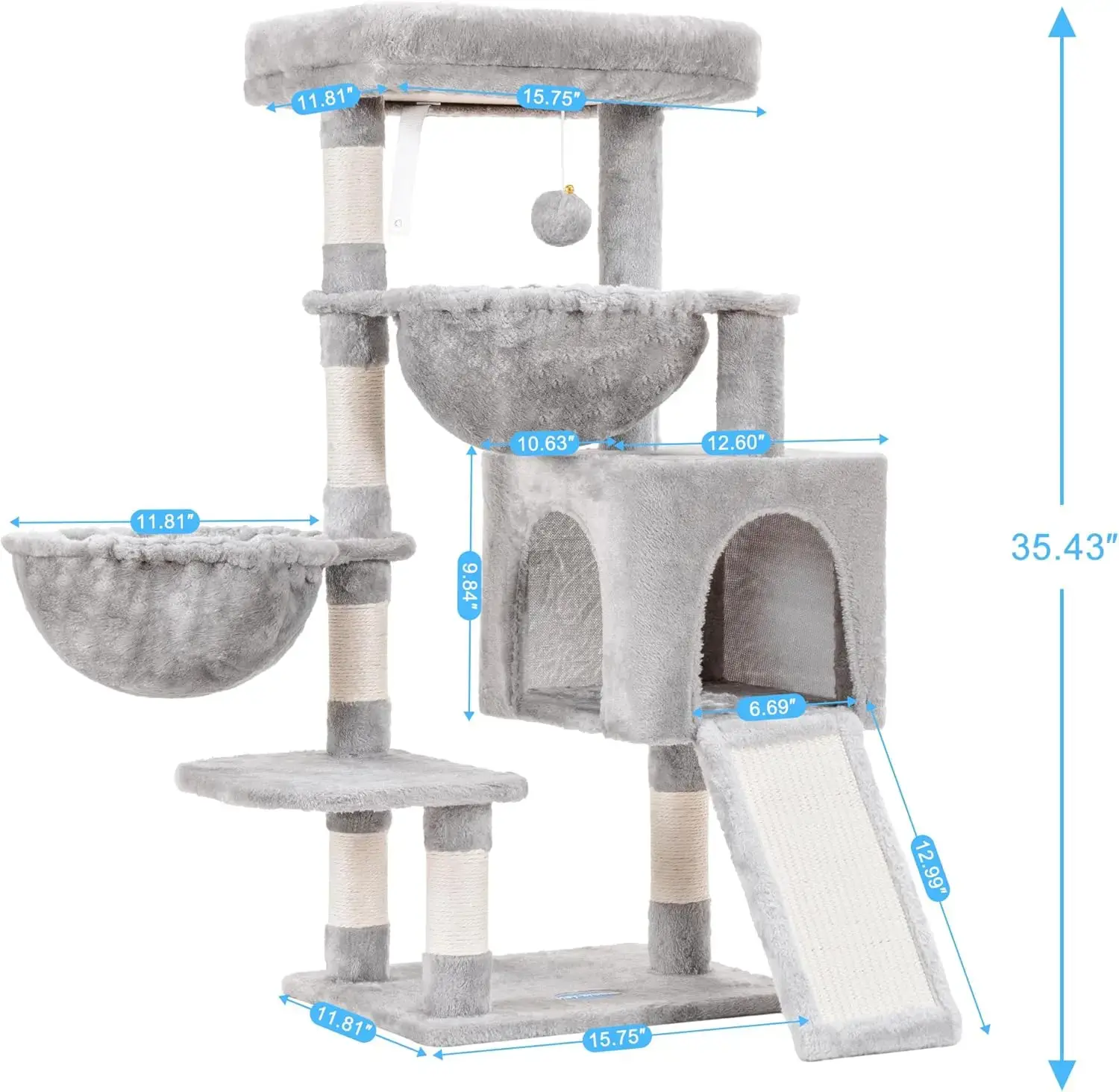 Cat Tree, Cat Tower for Indoor Cats, Cat House with Large Padded Bed, Cozy Condo, Hammocks, Sisal Scratching Posts,