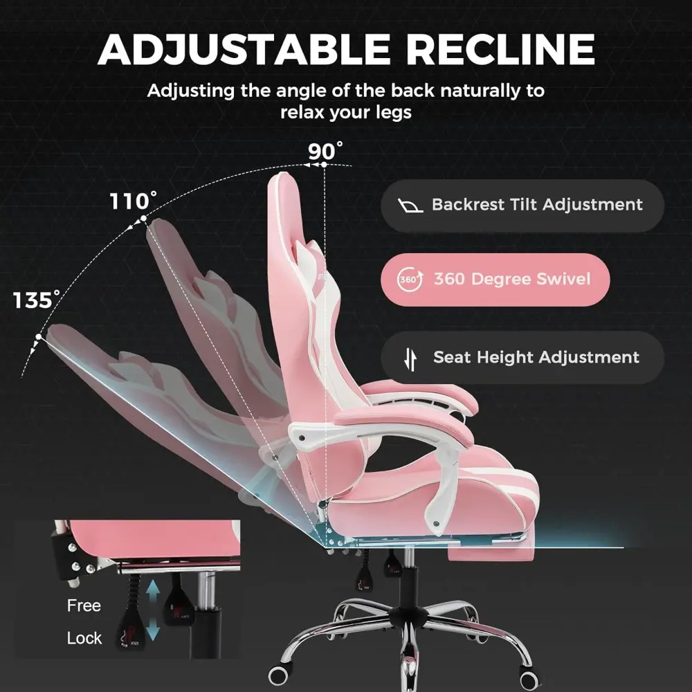 Gaming Chair, Computer Chair with Footrest and Lumbar Support, Height Adjustable Game Chair with 360°-Swivel Seat and Headrest