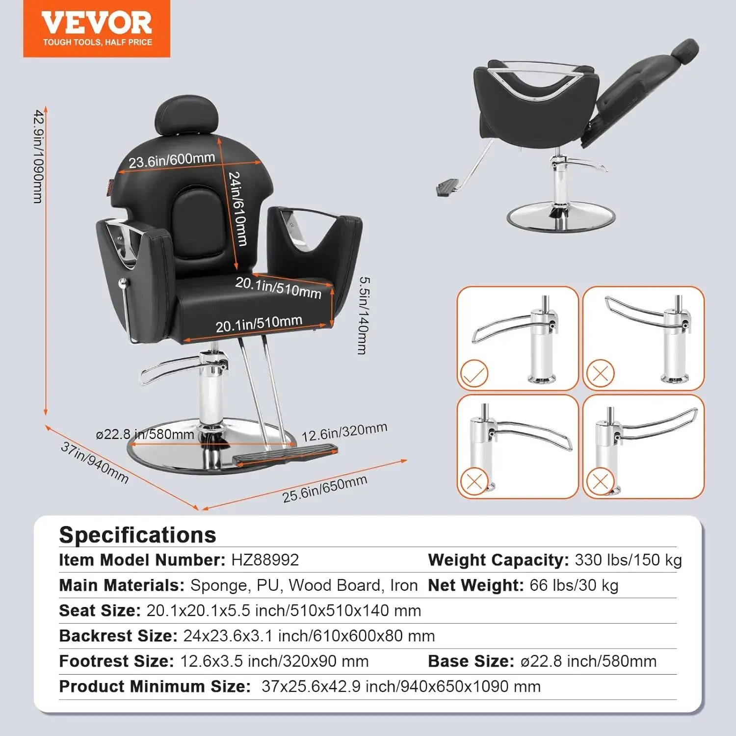 Hydraulic Barber Chair, 360 Degrees Swivel 90°-130° Reclining for Hair Stylist, Max Load Weight 330 lbs