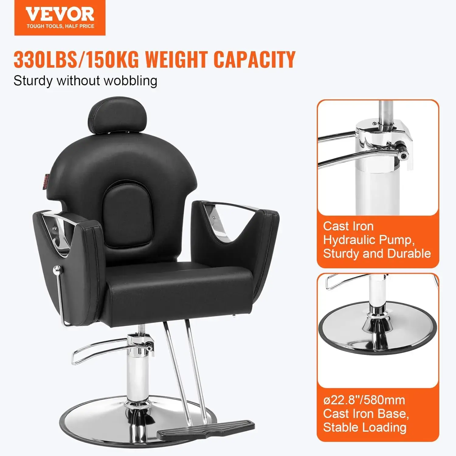 Hydraulic Barber Chair, 360 Degrees Swivel 90°-130° Reclining for Hair Stylist, Max Load Weight 330 lbs