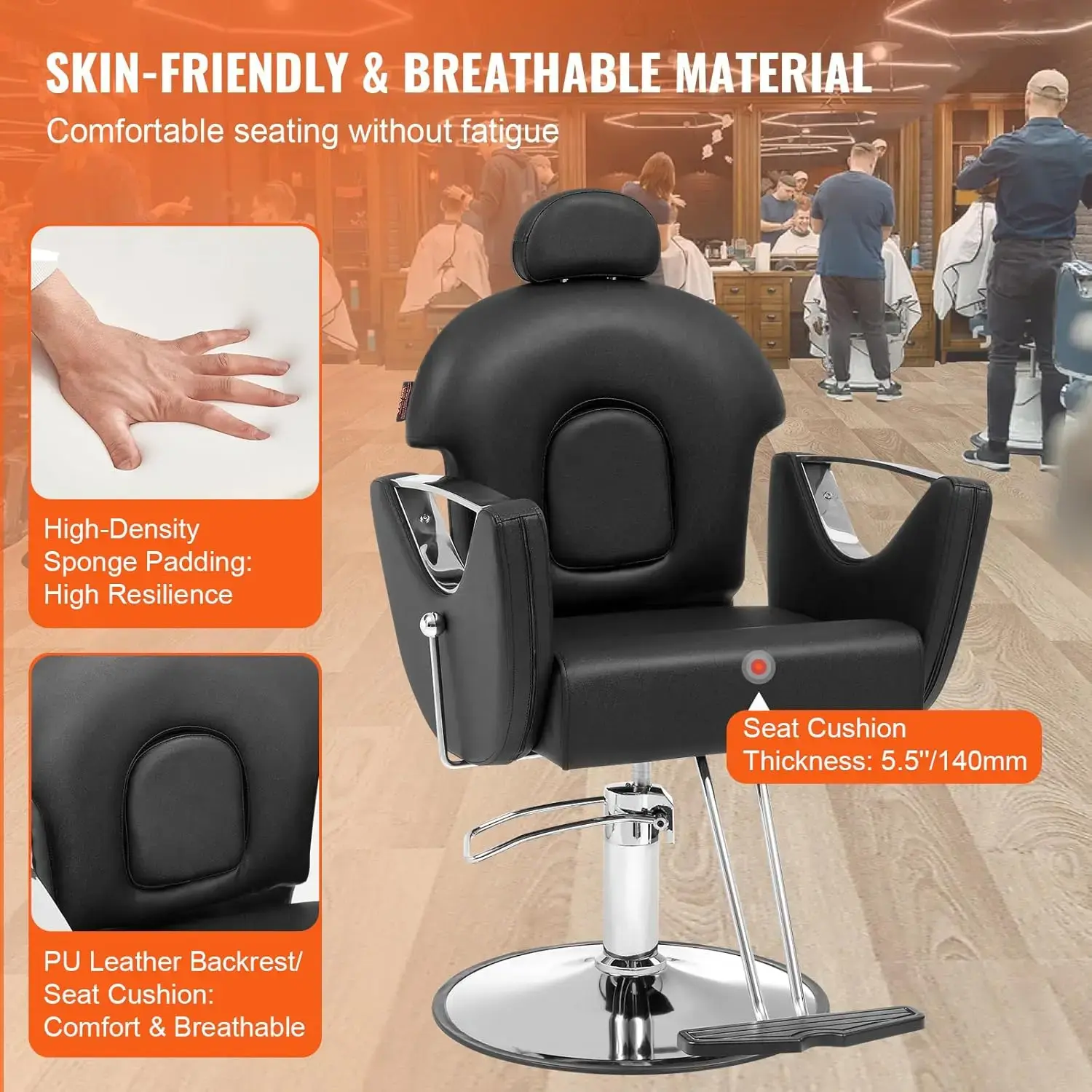 Hydraulic Barber Chair, 360 Degrees Swivel 90°-130° Reclining for Hair Stylist, Max Load Weight 330 lbs