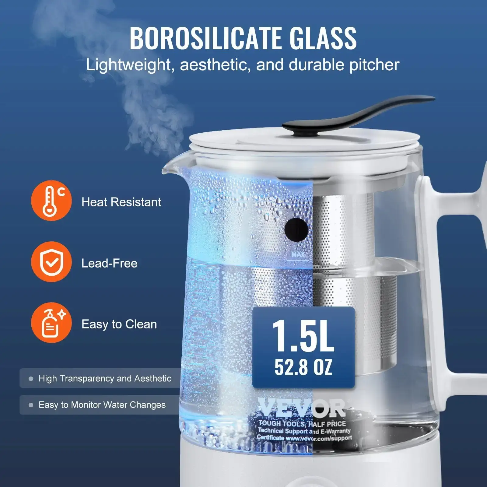 Hydrogen Water Pitcher Generator, 1.5 L / 52.8 oz Large Capacity Hydrogen Generator Water Kettle, SPE and PEM Technology